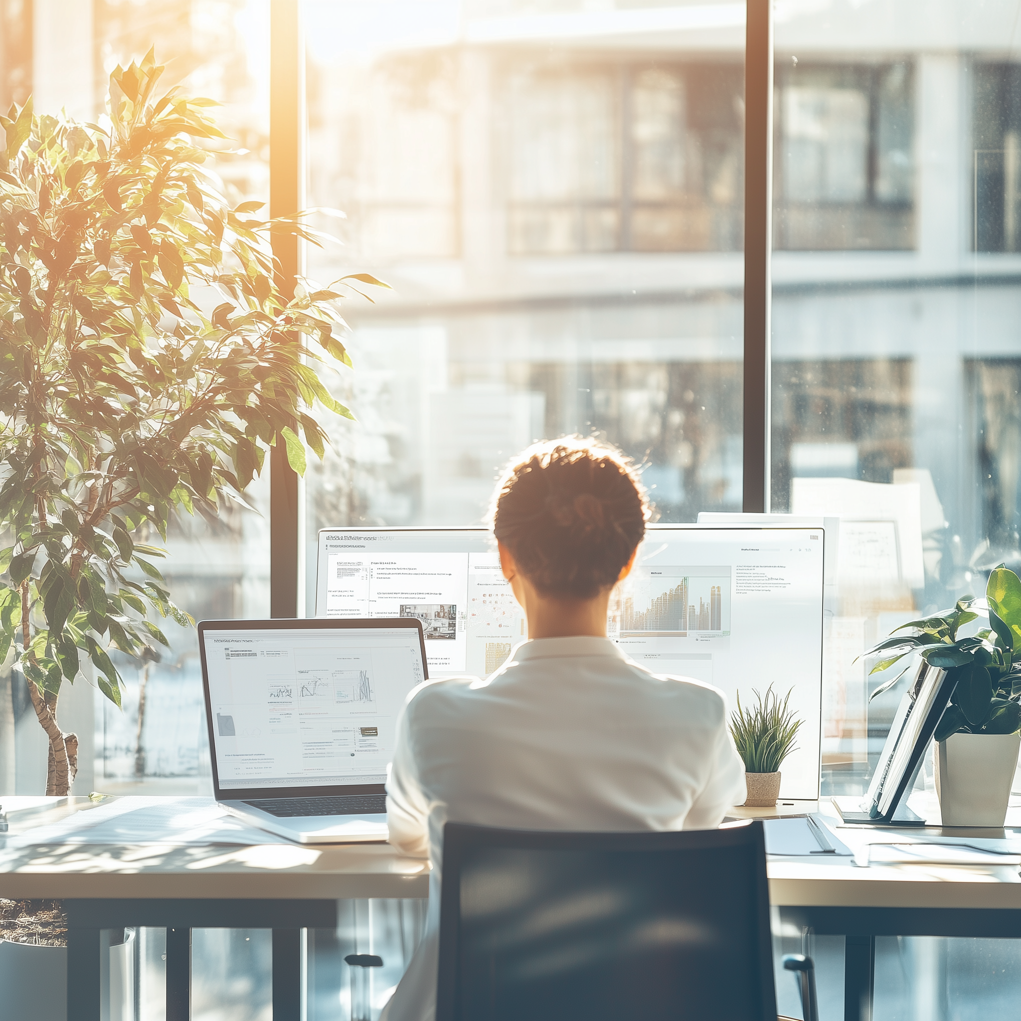 A business women working from a laptop in a bright naturally lit modern office space.