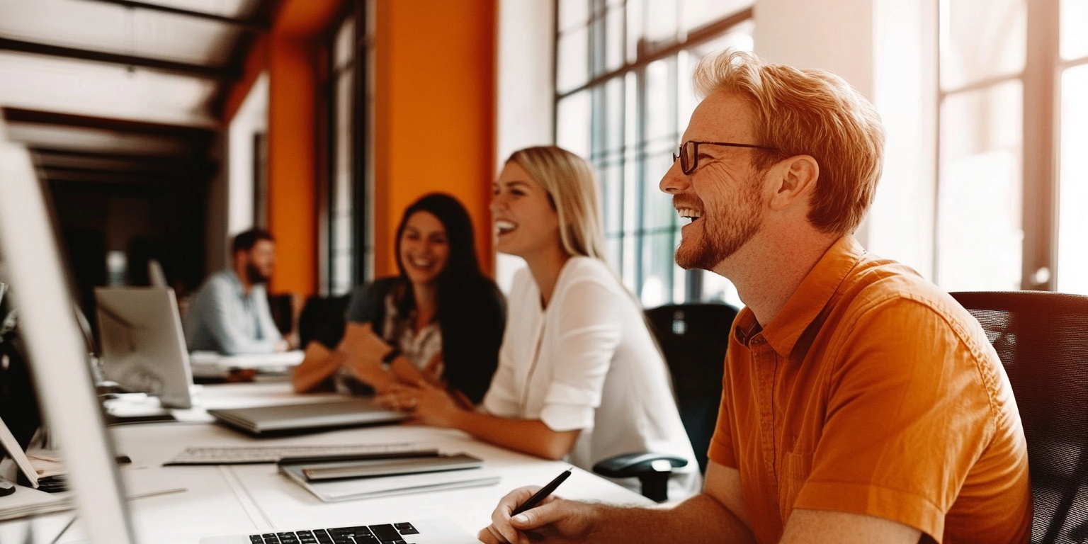 Customer Success team collaborating in a modern office, smiling and engaged while working on SaaS customer insights and retention strategies.